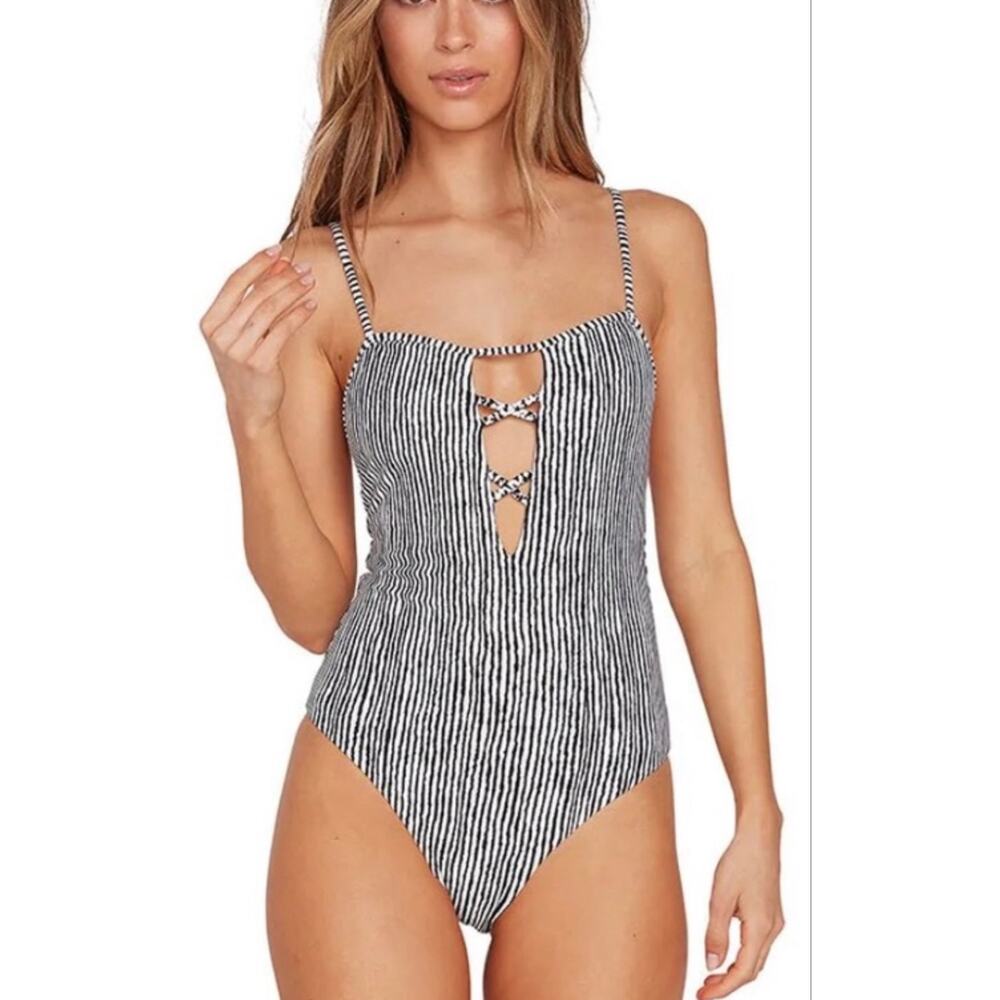 Volcom NWT Stripe Away One-Piece Swimsuit Size Small Black & White MSRP $90